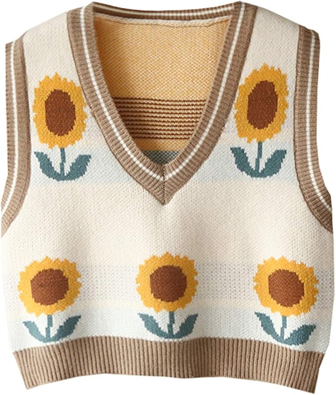 Women's Sweater Vest,Y2K Sleeveless Pattern Preppy Style Knitted Crop Tank Top for Girl