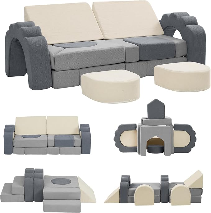 13 Pieces Foam Climbing Blocks for Toddlers|Kids Floral Soft Play Climbing for Indoor,Modular Crawing Toys with Washable Cover for Playroom,Bedroom and Preschool,Gray & Beige