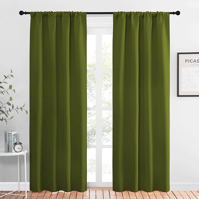 NICETOWN Christmas Decoration Blackout Curtain for Kitchen Window, Function Thermal Insulated Blackout Panels for Bedroom, 1 Pair, Olive Green, Rod Pocket Style, 42 by 84 inches