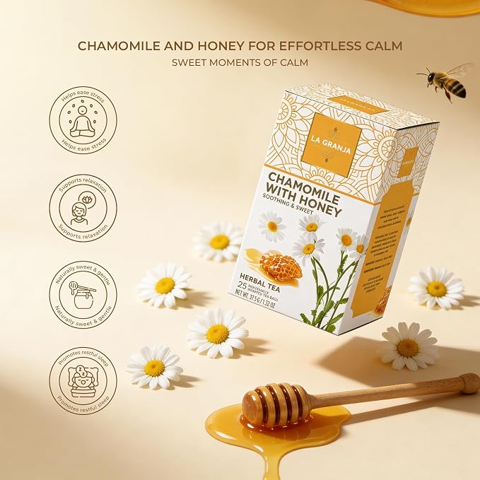 Life Plus Style Gourmet La Granja Pure Chamomile Honey Tea 25 Individually Wrapped Tea Bags Caffeine Free Herbal Infusion Tea Natural Drink Tea Gift for Women & Tea Lovers