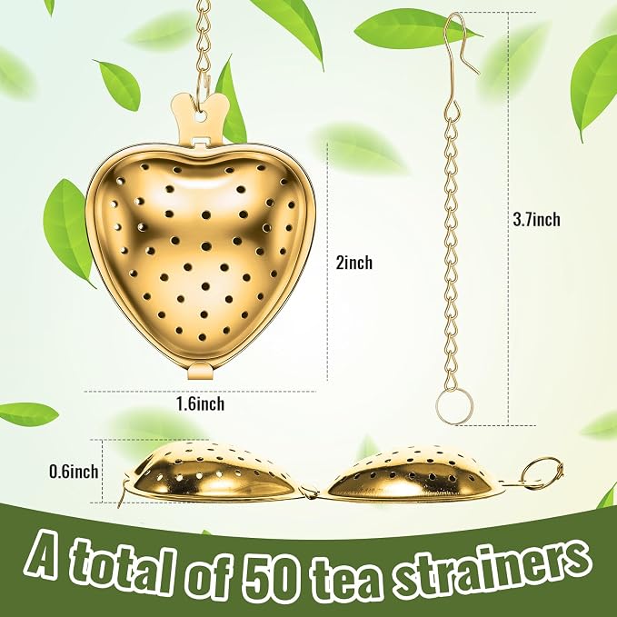 Sumind 100 Pcs Tea Strainer Stainless Steel Tea Ball Infuser Loose Leaf Tea Steeper Tea Interval Diffuser Heart Shape Mesh Tea Filters with Extended Chain Hook for Seasonings Cup Bottle (Gold)