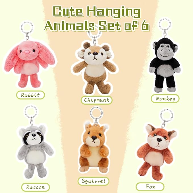 6Pcs Bulk Woodland Animal Stuffed Animal, 5" Raccoon Squirrel Fox Monkey Deer Bunny Plush Toy Keychain Pendants, Stuffed Forest Animals for Baby Shower Birthday Decor Backpack Charm