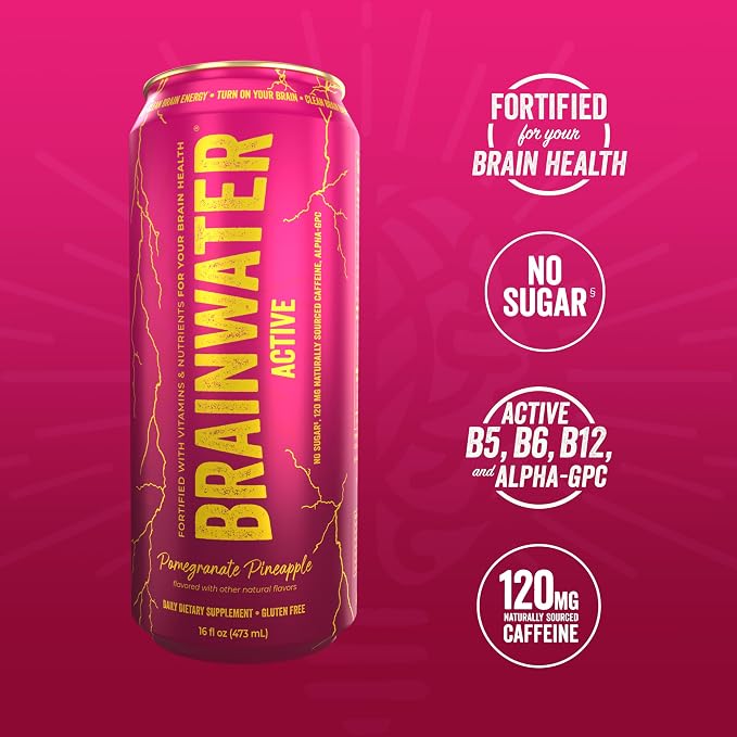 BrainJuice BrainWater Calm, Water for Clean Energy, Focus & Relaxation Support, Gluten Free, Zero Sugar Drinks with Ashwagandha, Alpha GPC, Vitamin C & B, Organic Green Tea, 8 Pack (Pomegranate Pineapple)