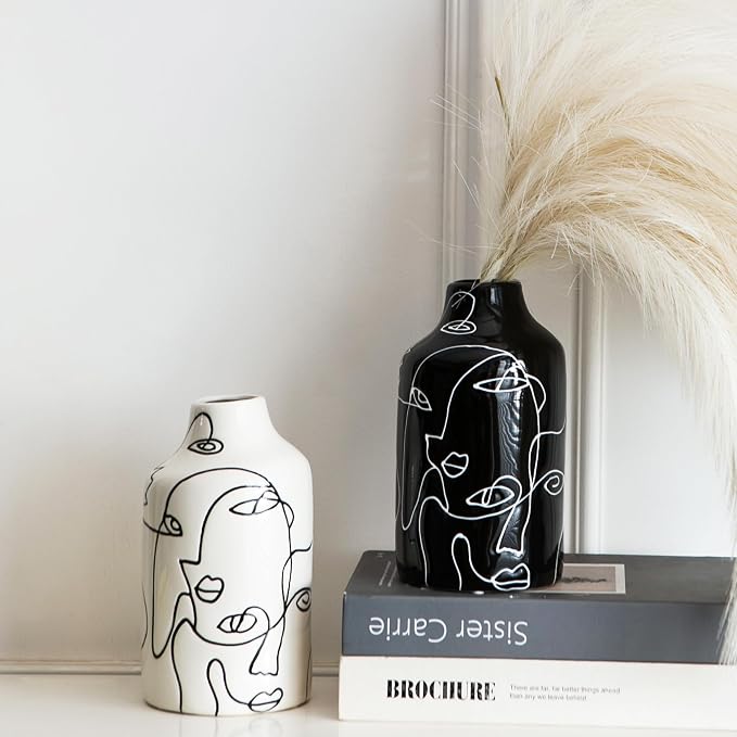 Kimdio Ceramic Vase Set, 2pcs Black and White Abstract Irregular Design Flower Vases, Modern Home Decor Living Room Decor Minimalist Decorative Vase for Pampas Grass