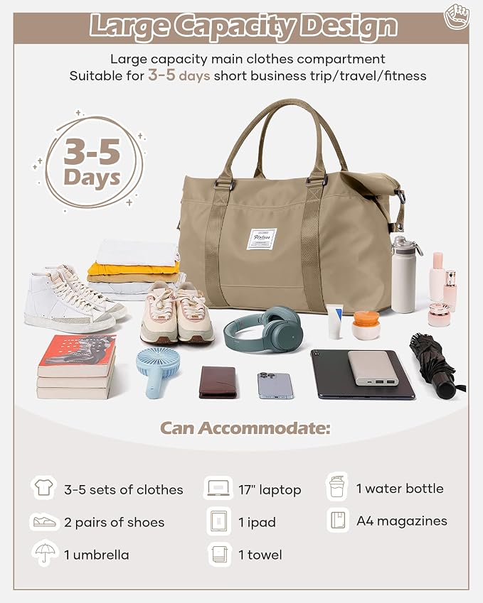 Travel Duffel Bags for Women Mens Waterproof Weekender Carry on Bag Sports Gym Bag Travel Tote Bags with Wet Pocket Overnight Bag Workout Duffel Bags with Trolley Sleeve Khaki