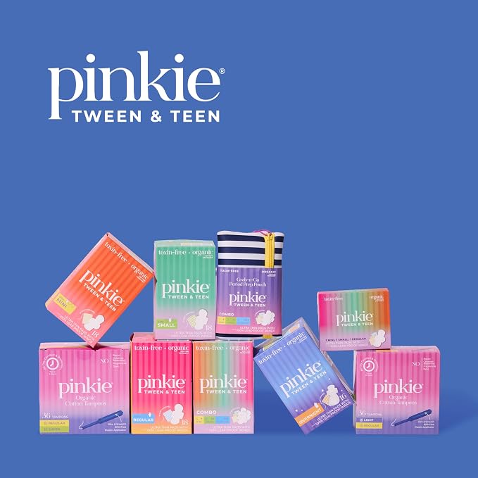 Pinkie Period Starter Pads - Designed for Smaller Underwear - Organic Cotton Topsheet Tween & Teen Pads with Wings - Chlorine Free & Fragrance Free - Teen Overnight, 16 Count