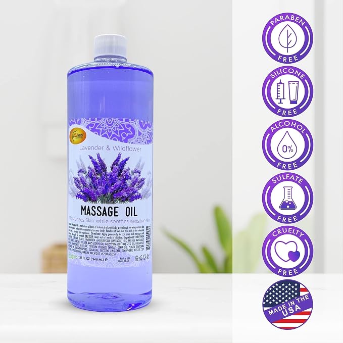 SPA REDI Lavender Massage Oil – Zero-Residue Botanical Blend for Deep Tissue & Dry Skin Care | Vitamin E, Avocado & Almond Oil | Sulfate-Free, Cruelty-Free | Professional & At-Home Use | 32 oz