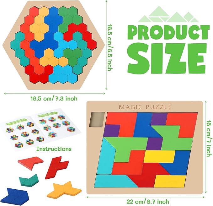 Yunsailing 3 Pack Hexagon Tangram Puzzle Wooden Brain Puzzles for Kid Adult Challenge Wood Russian Blocks Brain Teasers Toy Geometric Jigsaw Block Logic Iq Stem Toy for Family Party Gift(Fancy)