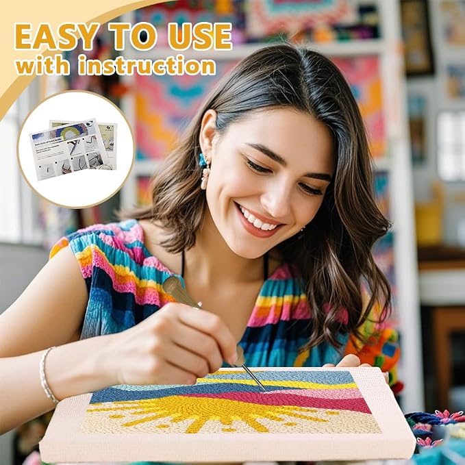 Doodlream Colorful Mountain Sun DIY Punch Needle Embroidery Kit for Adult Beginner, 9.4" Landscapes Punch Stitching Craft Set for Starter with Frame,Fabric Pattern,Threader, Yarn, Pinch Needle