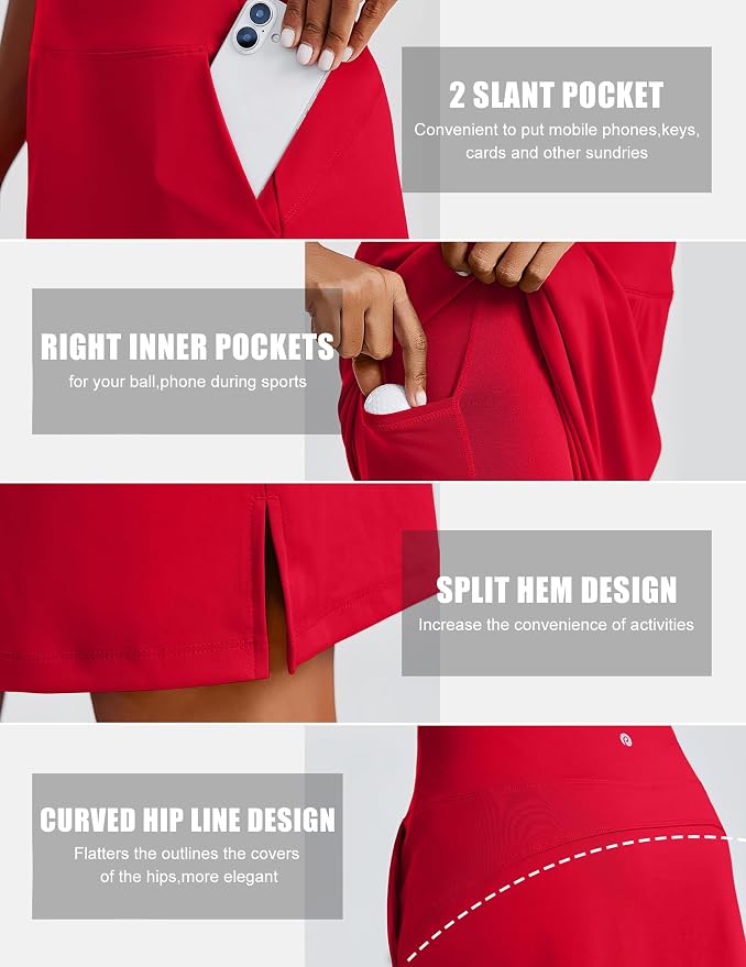 PINSPARK 20" Skorts for Woman Knee Length UPF 50+ Golf Skirts | 4 Pockets, Built-in Shorts, High Waisted, Split Hem, Silky-smooth, Moisture-wicking, for Golf Athletic Tennis Workout Casual
