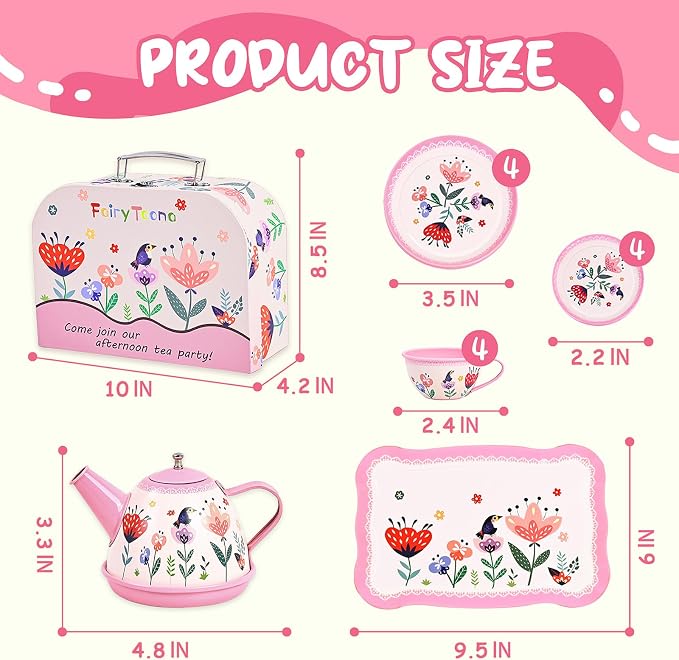 Floral Tea Party Set for Little Girls Ages 3-6, 15-Piece Pretend Play Kitchen Toys with Teapot, Cups, Plates & Storage Case, Princess Gift Set (Pink)