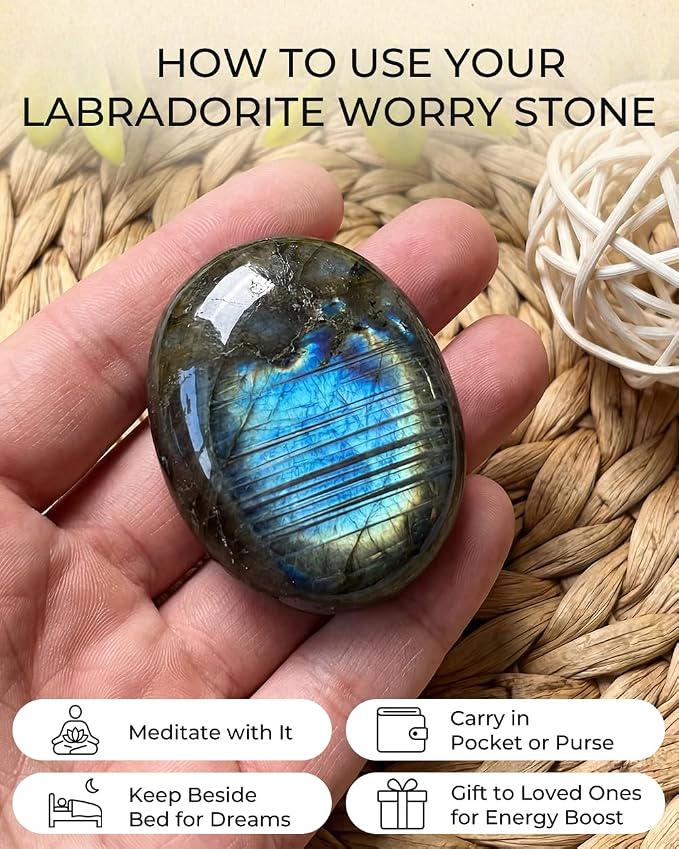Natural Labradorite Palm Stone - Hand-Polished Oval Worry Stone for Anxiety & Stress Relief - Pocket Healing Crystals for Meditation, Reiki & Intuition - Unique Spiritual Gift for Crystal Collectors