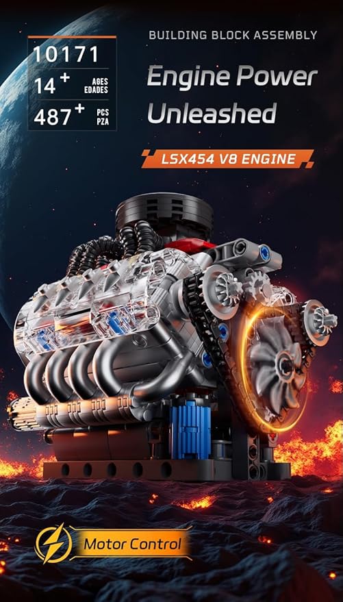 Sosuy V8 Engine Building-Blocks Sets, Working Motor Model, 487+PCS Mechanic Display Home Set for Collection Fans, STEM Cars Toys for Boys, Birthday Gitf for 8+ Kids Adults Men Girls