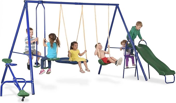 Outsunny Swing Set for Backyard, 5 in 1 Outdoor Playset for Kids with Heavy-Duty A-Frame Stand, 29.5" Saucer Swing, Slide, Teeter-Totter, Glider, 693 Lbs Load, Blue