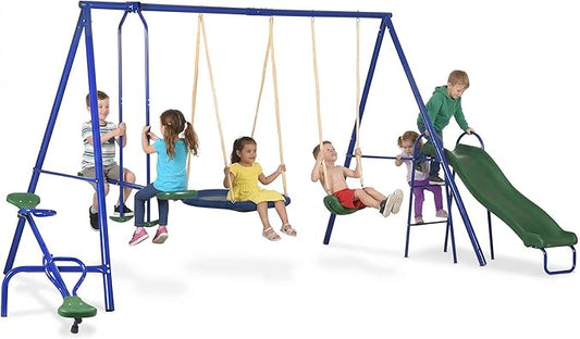 Outsunny Swing Set for Backyard, 5 in 1 Outdoor Playset for Kids with Heavy-Duty A-Frame Stand, 29.5" Saucer Swing, Slide, Teeter-Totter, Glider, 693 Lbs Load, Blue