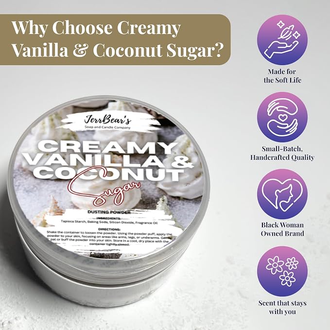 Creamy Vanilla & Coconut Body Dusting Powder for Women, 4oz Jar | Talc Free Body Formula, Soft Scented Skin Care, Gentle Powder for Daily Freshness, Includes Puff Application
