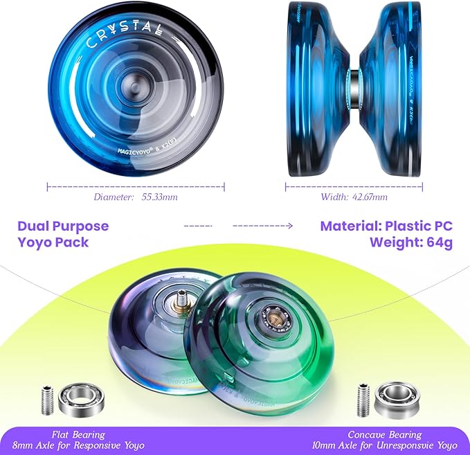 MAGICYOYO K2 Crystal Yoyo Pack of 2, Dual Purpose Responsive & Unresponsive Yoyo for Kids 8-12, Plastic Professional Yo Yo for Adults, Complete yo-yo Accessories Included (Black Green+Black Blue)