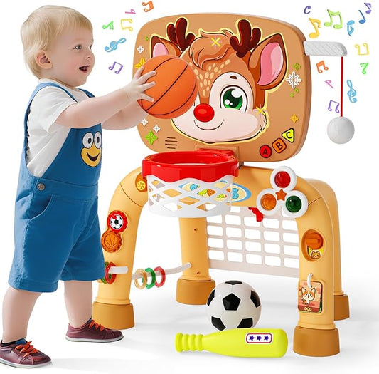 Toddler Basketball Hoop Tball Set & Soccer Goal Play Activity Center,Toys for 1 2 3 Year Old Boys Girls,Montessori Sports Toys with Sound Music Christmas Birthday Gifts for Baby Kids 12 Months+