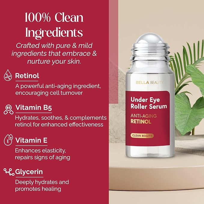 Bella Beauty Retinol Under Eye Serum – Firming & Smoothing Roller for Puffiness & Dark Circles – Dermatologist Tested, Anti-Aging Korean Skin Care – Vegan, Clean Beauty, Non-GMO – Pack of 2