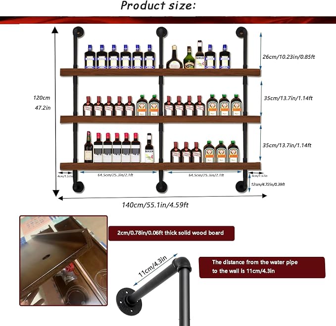 55.1in Wall Mounted Wine Rack with LED Light Solid Wood | 3-Tiers Liquor Bottles Floating Shelves Display Storage Organizer for Home Bar & Dining Room