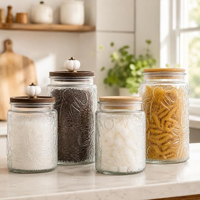 Vintage Glass Jar with Lid, 23.7oz Coffee Canister | Airtight Glass Food Storage Container, Kitchen Canister for Coffee, Tea, Sugar, Candy, Cookie, Decorative Jar, Cute Jar