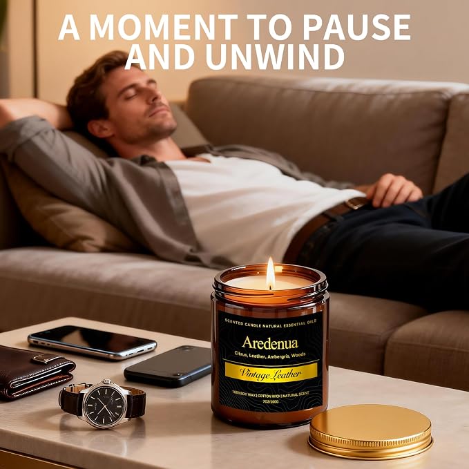 Vintage Leather Scented Candle - Masculine Luxury Soy Candle for Home, Hand Poured Candle Gift for Women & Men, Long Lasting Masculine Leather Scent - Vintage Inspired Home Fragrance