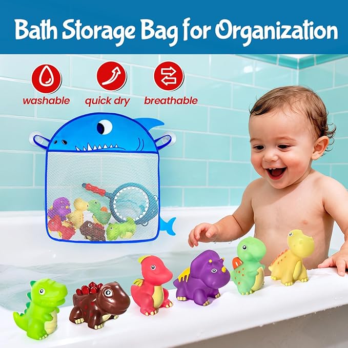 No Hole Dinosaur Bath Toys - Color Change Bath Toys for Toddlers, Fun Water Pool Bathtub Toys for Boys & Girls (with Shark net)