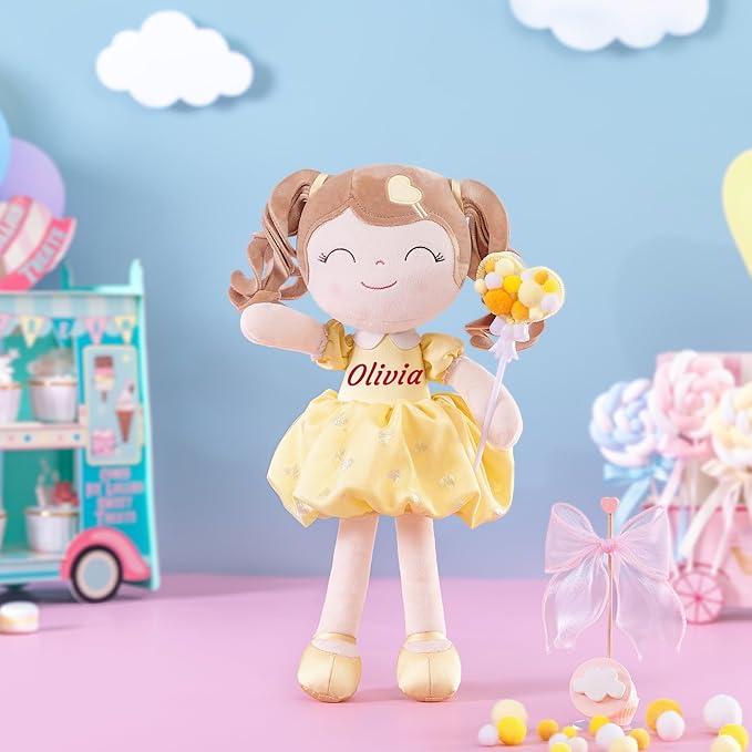 Gloveleya Personalized Yellow Heart Girl Doll – Custom Name Plush Baby Doll Gift with Gift Box, Soft Huggable Rag Doll for Toddlers & Kids, Birthday Present, Baby Shower Keepsake, 16 Inch