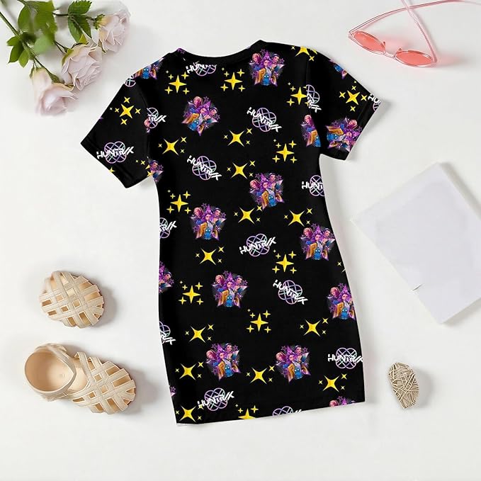 Girl's Anime K-POP Graphic Long Dress T-Shirt - Casual Loose Fit Short Sleeve Top