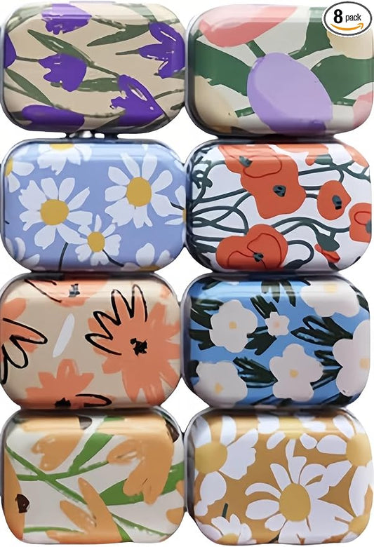 8Pcs Metal Hinged Tin Box Container Floral Farmhouse Rustic Mini Portable Small Storage Container Kit with Lid for Home Storage 2.1x1.5x1 Inch (White)