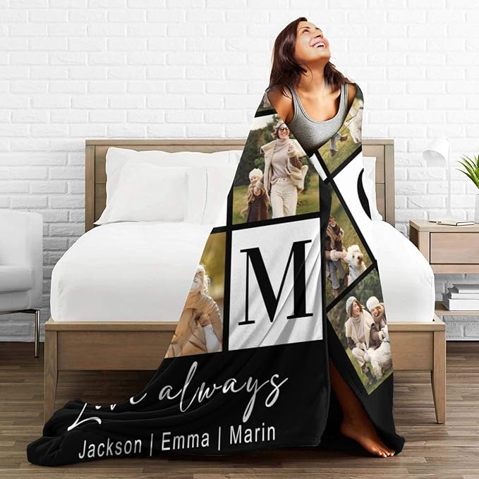 Custom Mom Blanket with 6 Photo & Text, Personalized Birthday Blanket with Picture for Mother, HD Printing Customized Flannel Throw Blanket Gifts for Best Mom Ever
