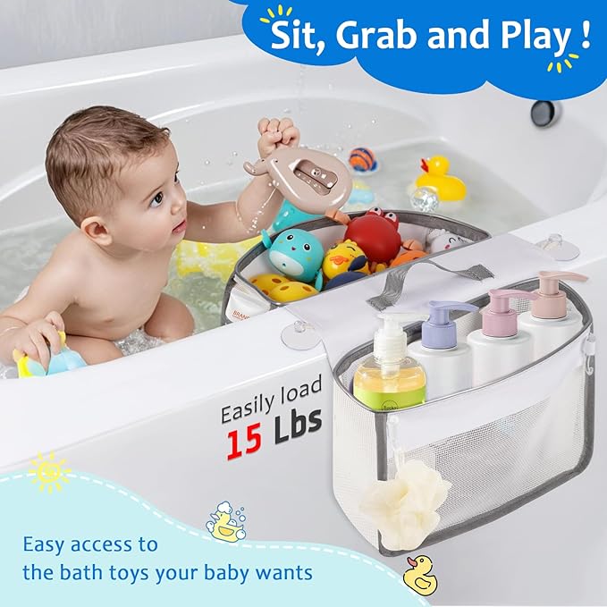 Saddle Shape Bath Toy Organizer, 2 Compartments Wide Opening Mesh Bath Tub Toy Storage for Easy Access to Toys, Side Pockets & Bottom Zipper Design, Quick Drying Toy Holder for Tub (Gray)