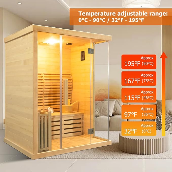 ZONEMEL 3 Person Wooden Steam Sauna Room, Canadian Hemlock Luxurious Indoor Sona House with 6 KW Heater, WiFi Controller, Bluetooth Speaker, Wooden Bucket, Scoop, Reading Light, 220V, 195℉