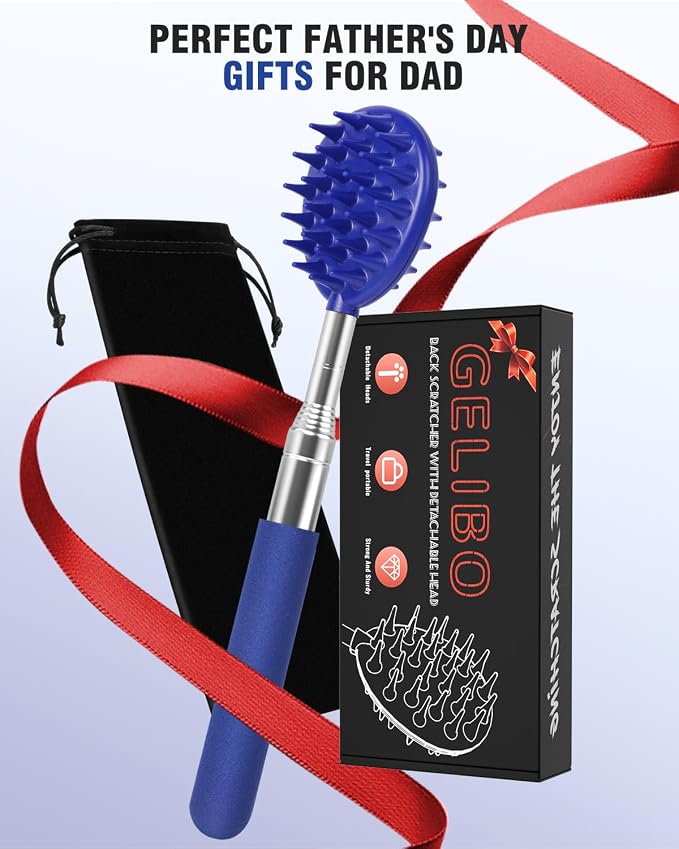 Gelibo Telescoping Back Scratcher with 5Pcs Detachable Heads, Extendable Back Massager Tool, Fathers Day Dad Gifts from Wife Daughter Son, Mens Gifts, Husband with Beautiful Box - Blue