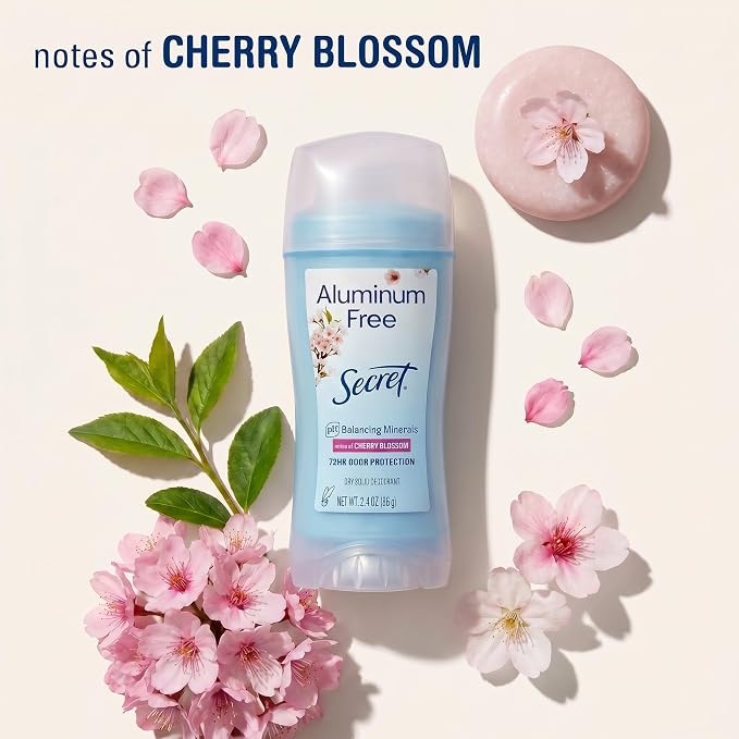 Secret Aluminum Free Deodorant for Women, 48hr Odor Protection, Free of Parabens Dyes Talc & Baking Soda, PH Balancing Minerals, Dry Solid, Cherry Blossom Scent, 2.4 oz (Pack Of 3)