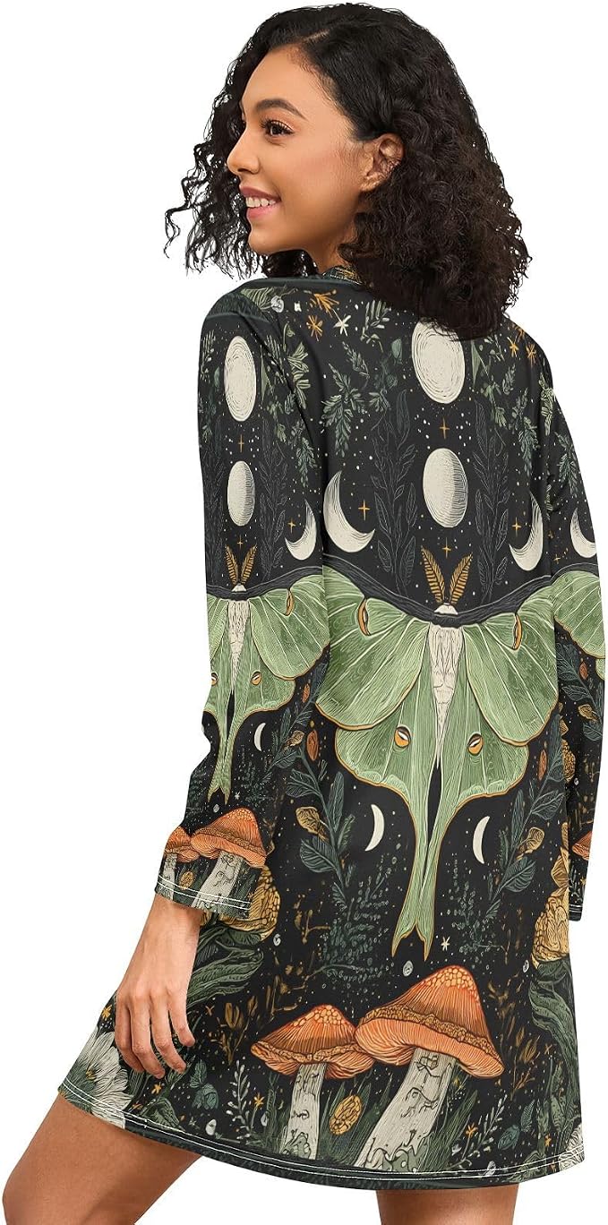 ALAZA Long Sleeve Nightgowns for Women Green Moth Forest Floral Moo Moos Sleep Shirts Moomoo House Dresses Sleepwear