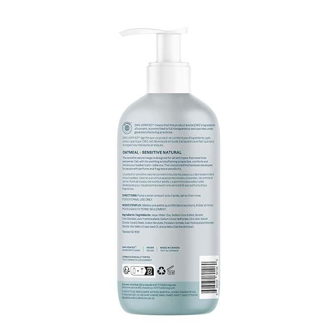 ATTITUDE Baby 2-in-1 Shampoo and Body Wash, EWG Verified, Plant- and Mineral-Based Ingredients, Vegan and Cruelty-Free Products for Sensitive Skin, Unscented, 16 Fl Oz