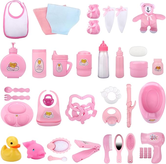 deAO 40 Piece Baby Doll Accessories Bag with Baby Feeding Accessories, Clothes, Doll Bear, Bath Toys, Soother Dummy and Much More - Great Nurturing Pretend Toy for Kids!