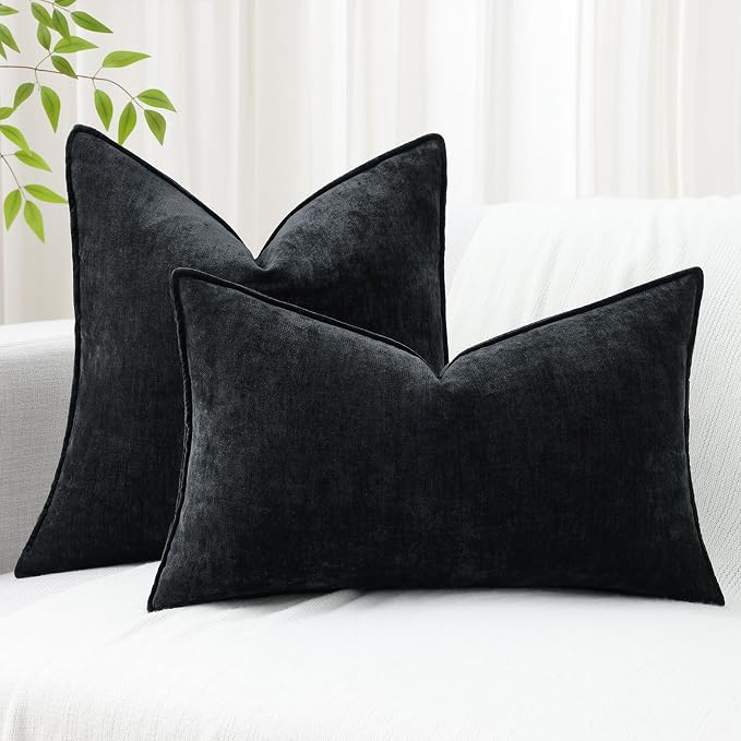 decorUhome Chenille Black Velvet Throw Pillow Covers 18x18 Set of 2 | Fall Soft Couch Decorative Modern Farmhouse Pillow Cases with Elegant Design for Sofa Bed Living Room Home Decor