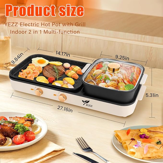 2026 Electric Hot Pot with Grill,2-10 People Indoor Hot Pot 2 in 1 Multi-function Smokeless Shabu-Shabu Hotpot Korean BBQ Grill for Simmer,Separate Dual Temperature Contral
