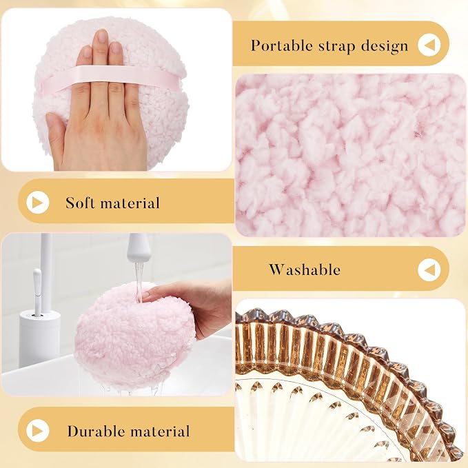 Tioncy 2 Pcs Extra Large Dusting Powder Puff and Container for Women-6'' Glass Crystal Dusting Powder Container with Body Soft Washable Reusable Velour Face(Amber,Classic)