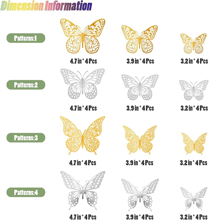 SAOROPEB 3D Butterfly Wall Decor 48 Pcs 4 Styles 3 Sizes, Butterfly Birthday Decorations Party Decorations Cake Decorations Wedding Decor, Removable Stickers (Gold, Silver) | 4 Styles 3 Sizes, Party Decorations Birthday Cake Decorations Wedding Decor, ...
