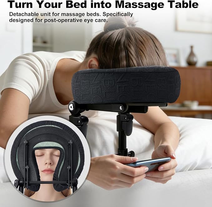 Massage Headrest for Bed with Adjustable Height, Memory Foam Face Cradle, Washable Pillowcase for Home Mat(Black)