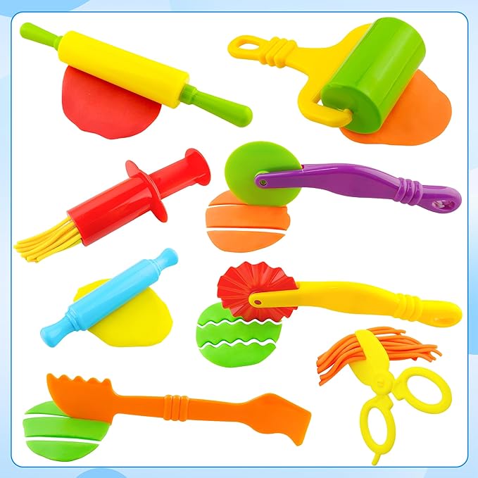 Dough Tools Kit – 12-Piece Dough Play Tools Set with 5 Extruders, Scissors, Rollers, Rolling Pins, Cutters for Kids Ages 3+