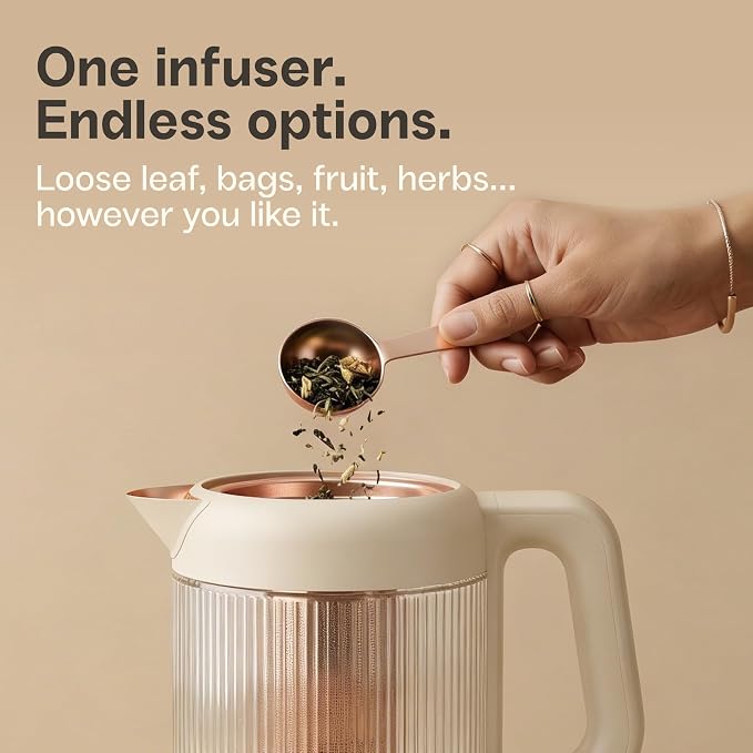 Viante Nina Electric Tea Kettle with Infuser, No Plastic In Contact With Water, 1.5L Borosilicate Glass, 304 Stainless Steel, 4 Temp Presets, Keep Warm, Cordless, Auto Shut-Off, Beige