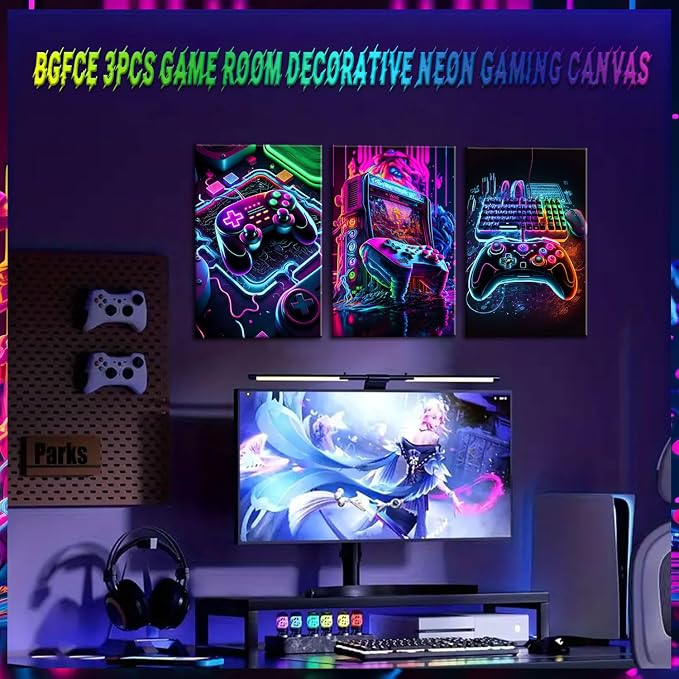 BGFCE Game Room Decor Set of 3 - Neon Gaming Accessories Theme Canvas Wall Art, Gamer Console Paintings Posters Picture Wall Decor for Children Youth Boys Bedroom 16x24in Framed