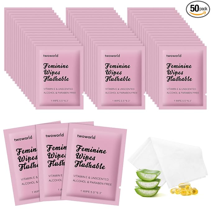 twoworld 50 Feminine Wipes Individually Wrapped,Flushable Wipes Travel | Feminine Care Vaginal Wipes for Adult,Women,Girl and Homeless(Unscented)