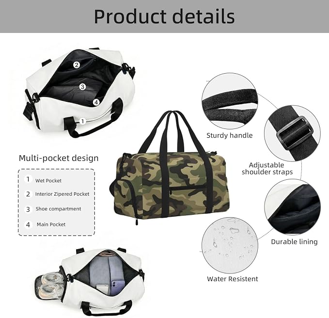 Fiokroo Sports Gym Bag Camouflage Camo Travel Duffel Bag For Men Women With Shoe Compartment Water Resistant Gym Bag Carry On Duffel Bag For Weekend Traveling Yoga Gym Sports