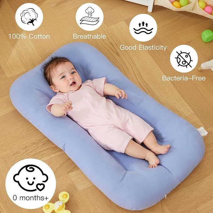 Baby Lounger for Newborn, Bionic Design Baby Lounger, Soft Organic Cotton Breathable Lounger for Infants 0-24 Months (Blue)