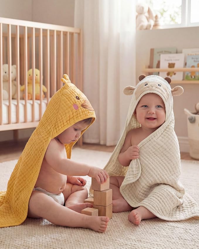 Blissful Diary Muslin Baby Hooded Towel 2 Pack, Soft & Absorbent Bath Towel for Infant, Toddler, Unisex, Baby Gift, Newborn Essentials, Sunny Duck & Gentle Lamb